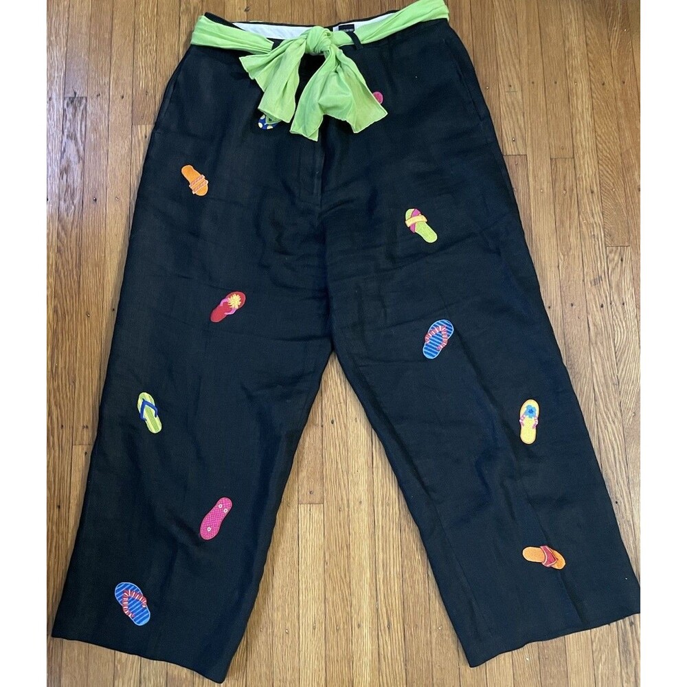 Women’s Saint Tropez 100% Linen Pants Size 12 Black W/ Flip Flops Beach Vacation